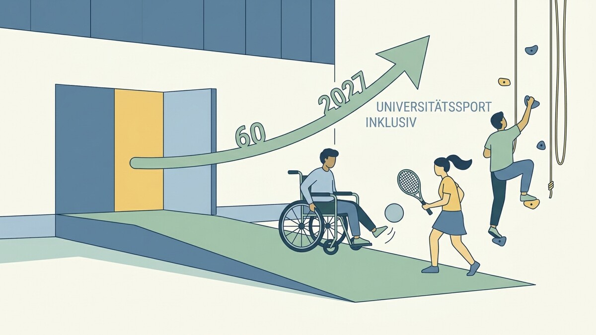 Universitätssport inklusiv: Mann im Rollstuhl, Frau mit Tennisschläger und Mann beim Klettern