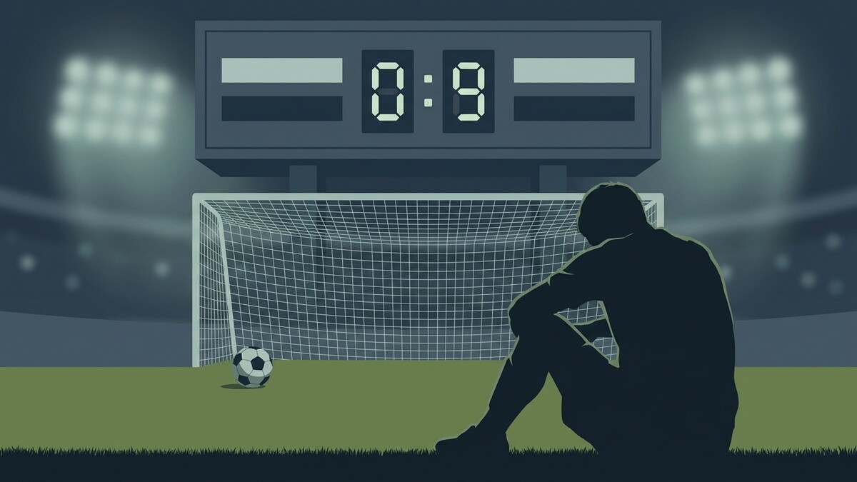 Fußballspiel mit 0:9 Anzeigetafel und traurigem Spieler im Stadion