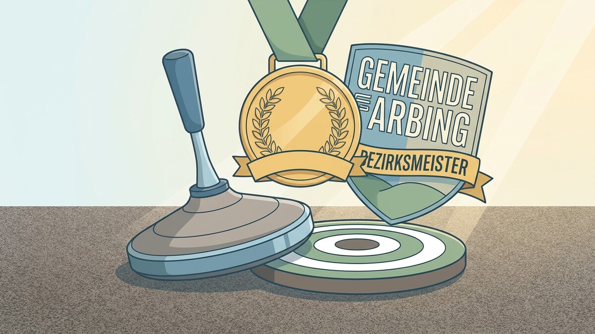 Eisstockschießen: Medaille, Zielscheibe und Wappen der Gemeinde Faarbing, Bezirksmeister