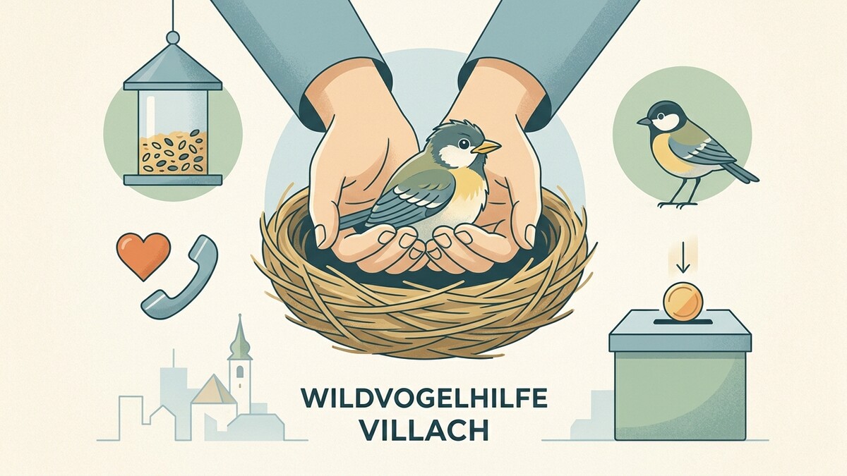 Wildvogelhilfe Villach: Hände halten Vogel im Nest, Futterspender, Spendenbox