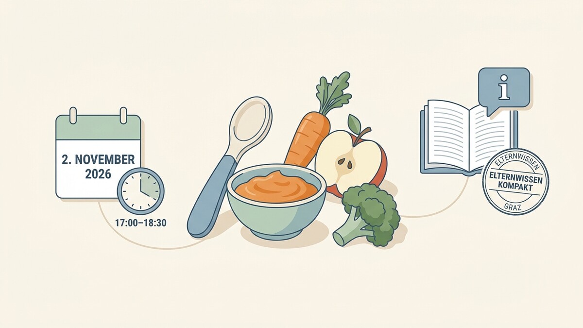 Babynahrung, Karotte, Apfel und Brokkoli mit Kalender und Stempel Graz