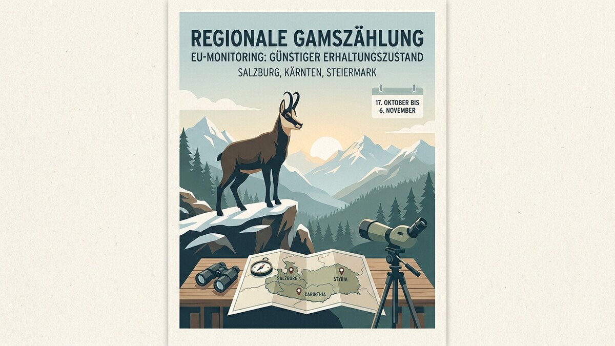 Gams auf Felsklippe in den Bergen bei Salzburg, Kärnten, Steiermark mit Fernglas und Karte