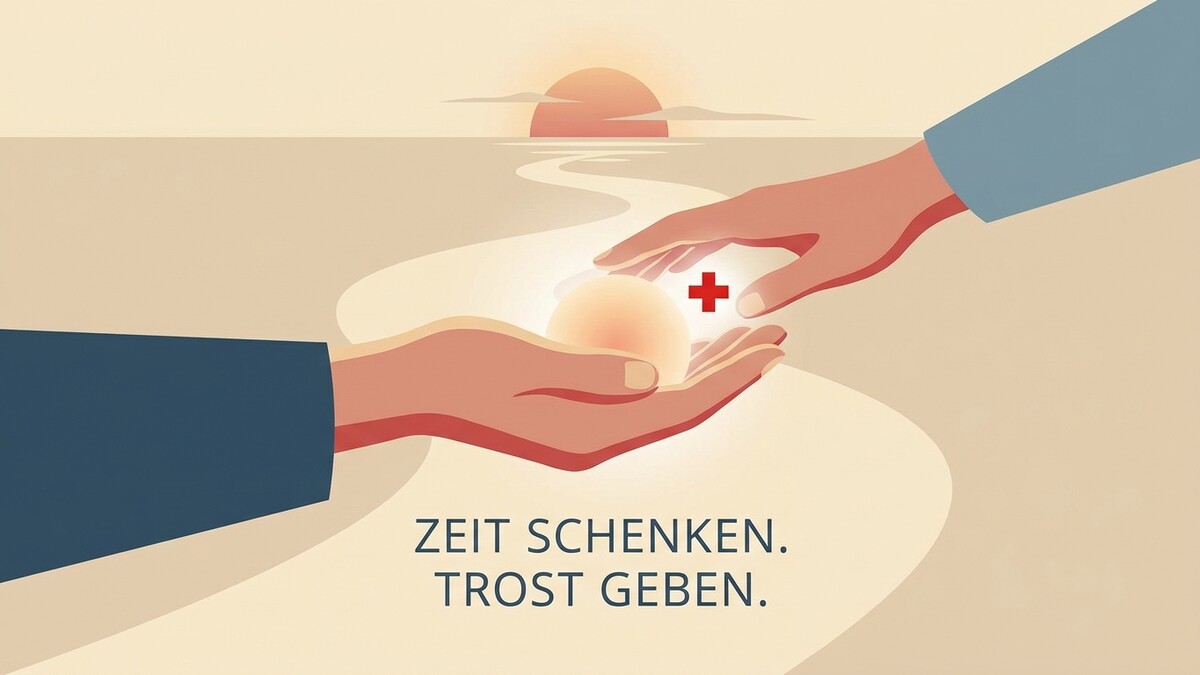 Hände übergeben Kugel mit rotem Kreuz, Sonnenuntergang über Meer