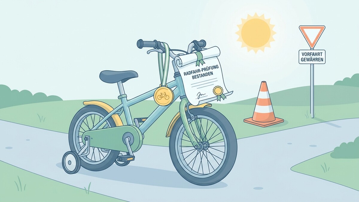 Kinderfahrrad mit Urkunde "Radfahr-Prüfung bestanden" und Medaille auf einem Weg mit Verkehrskegel und Schild.