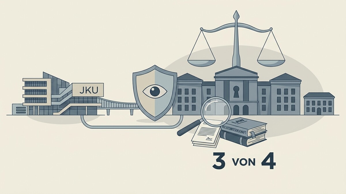 JKU Linz mit Justizwaage, Lupe und Gesetzbuch symbolisiert Rechtswissenschaft