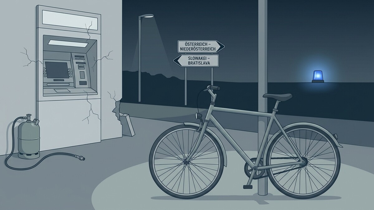 Geldautomat in Österreich mit Gasflasche, Fahrrad und Blaulicht in der Slowakei