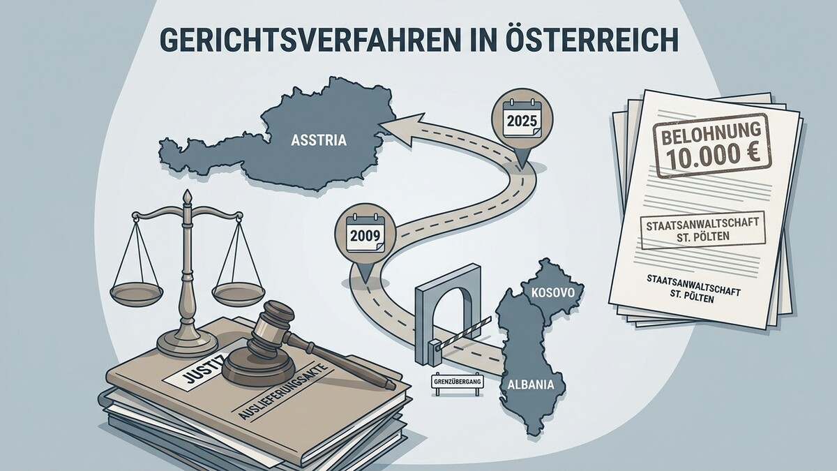 Gerichtsverfahren Österreich: Justizwaage, Richterhammer, Akten, Belohnung 10.000 €, Staatsanwaltschaft St. Pölten