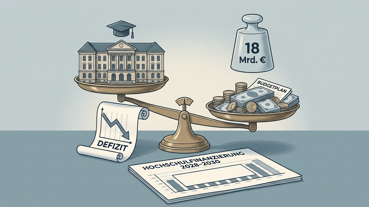 Hochschulfinanzierung: Waage zeigt Universitätsgebäude mit Defizit gegen Budgetplan mit 18 Mrd. €