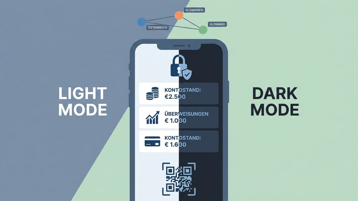 Smartphone-App mit Kontostand und Überweisungen im Light und Dark Mode.