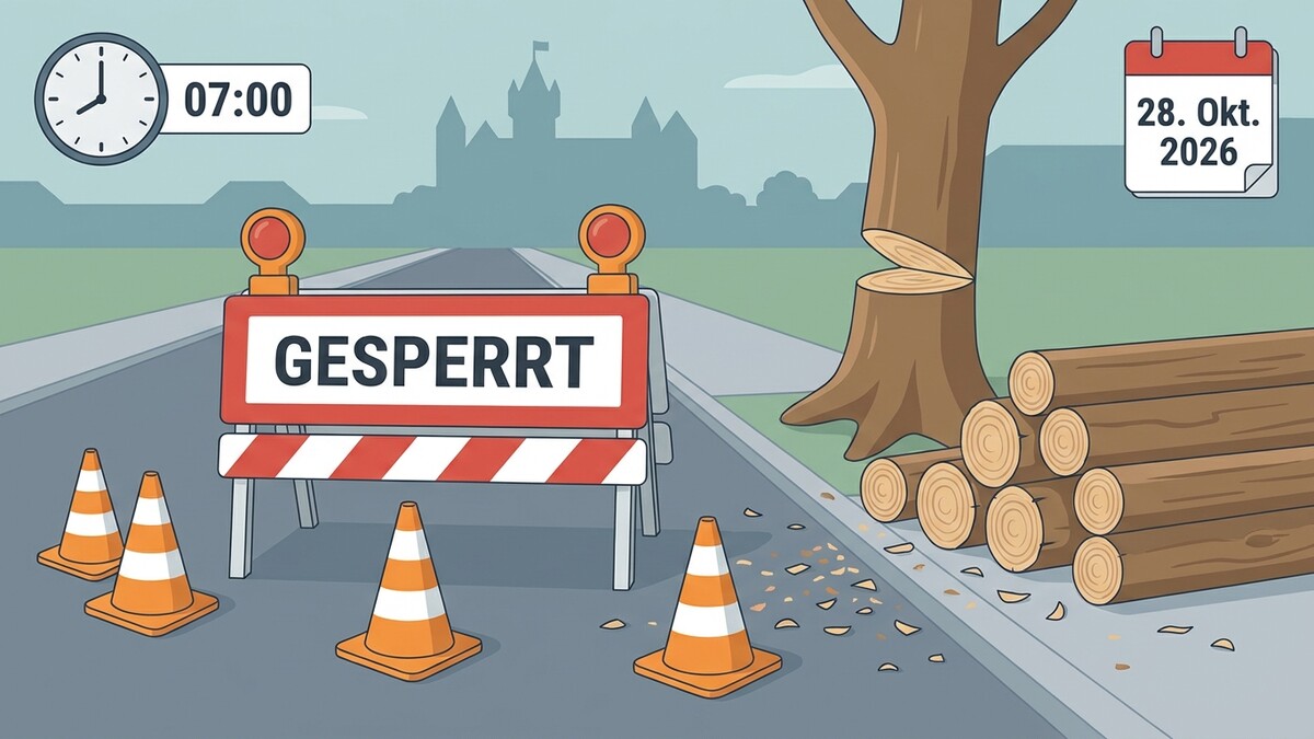 Baumfällung in Österreich: Straße gesperrt, Holzstapel und Kalenderblatt 28. Okt. 2026
