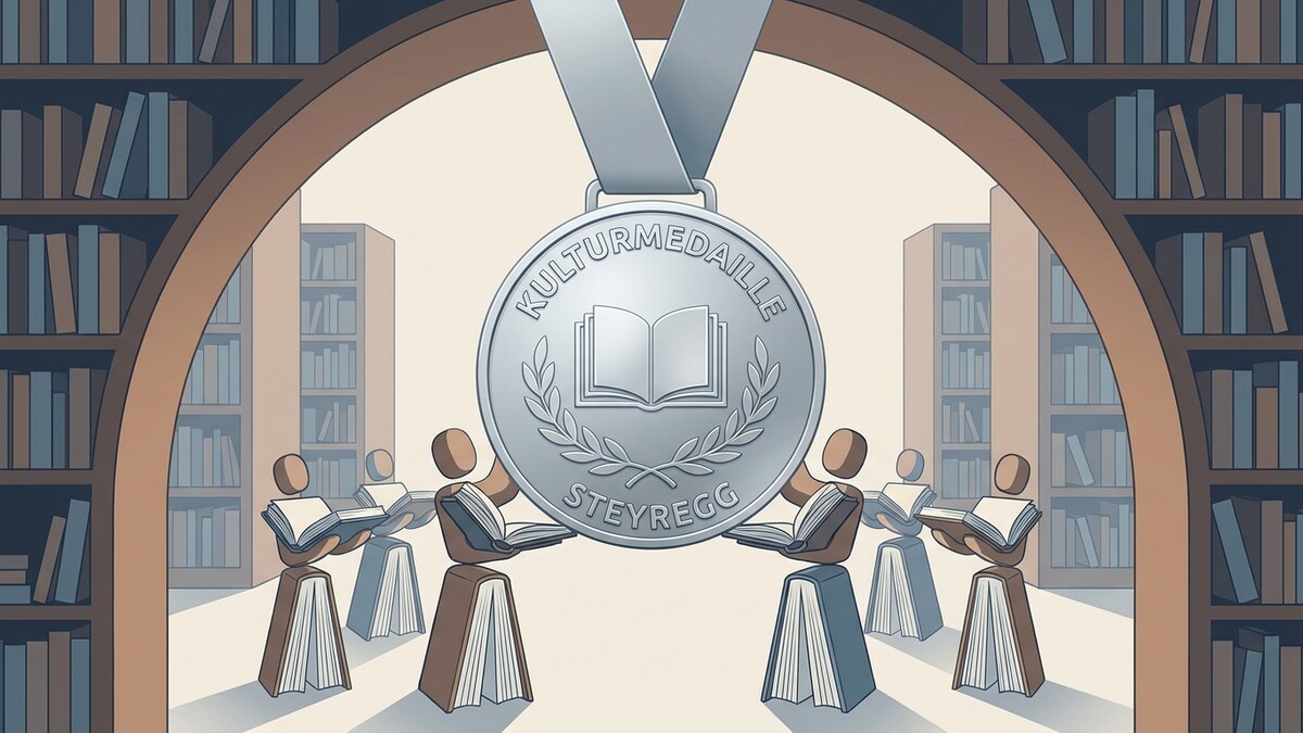 Kulturmedaille Steyrregg mit Menschen, die Bücher halten, vor Bücherregalen