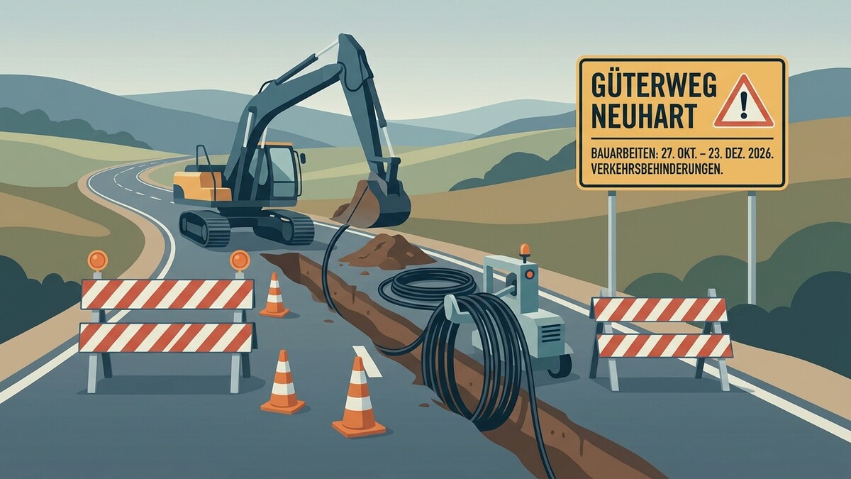 Güterweg Neuhaart: Bagger und Bauarbeiten mit Verkehrsbehinderungen auf der Straße