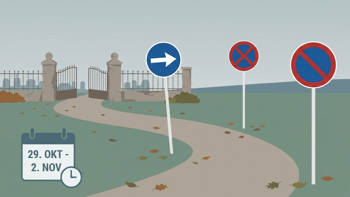 Friedhofstor mit Weg und Verkehrszeichen, Kalender mit Datum 29. Okt. - 2. Nov.