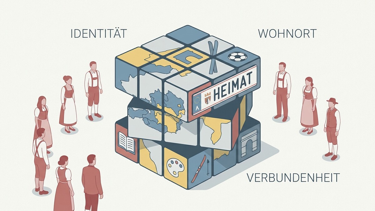 Heimat-Würfel mit Karten und Symbolen, Menschen in Tracht, Identität, Wohnort, Verbundenheit