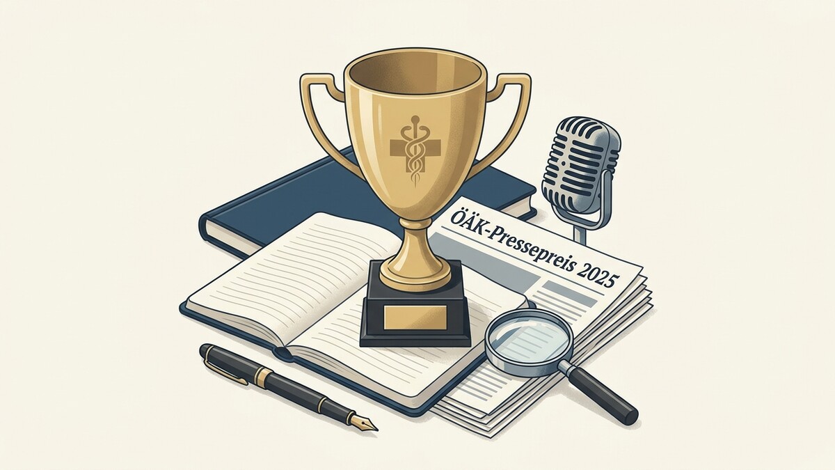 ÖÄK-Pressepreis 2025 Trophäe mit Zeitung, Lupe, Mikrofon und Büchern