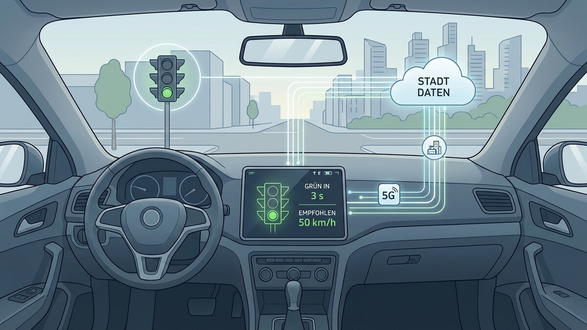Autoinnenraum mit Anzeige für Ampelinformationen und 5G-Verbindung in einer Stadt