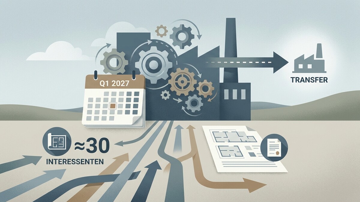 Interessenten und Kalenderblatt Q1 2027 vor Fabrik mit Zahnrädern und Transfer-Symbol