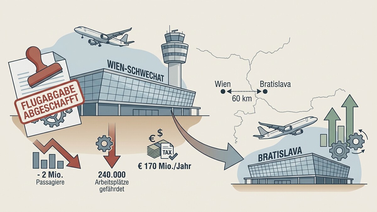 Flughafen Wien-Schwechat: Flugabgabe abgeschafft, 2 Mio. Passagiere weniger, 240.000 Jobs gefährdet, 170 Mio. Euro Steuerverlust.