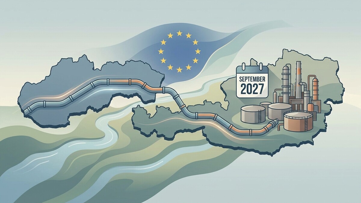Energiepipeline durch Slowakei mit EU-Sternen und Kalenderblatt September 2027