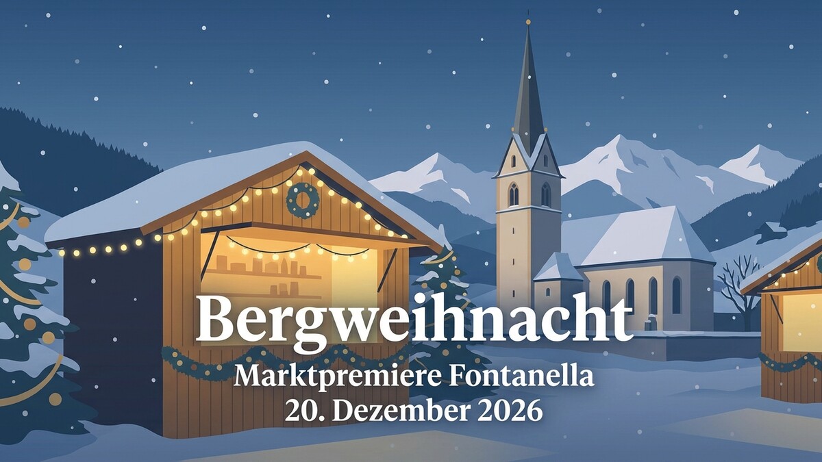Bergweihnacht in Fontanella, Marktpremiere am 20. Dezember 2026, mit Kirche und verschneiten Bergen