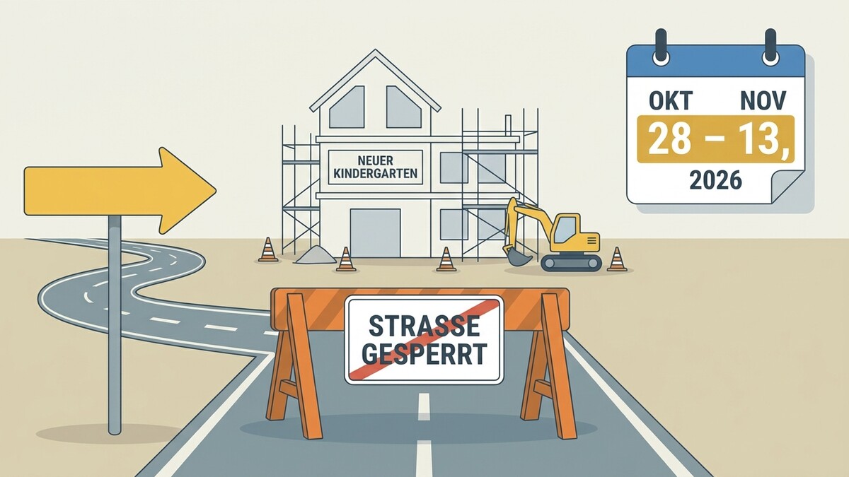 Neuer Kindergarten im Bau mit Straßensperre und Umleitungsschild
