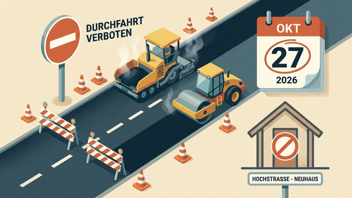 Straßenbau mit Walze und Asphaltfertiger, Durchfahrt verboten Schild, Kalender 27. Okt 2026, Hochstraße-Neuhaus