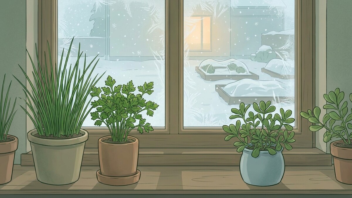 Kräuter im Topf auf Fensterbank vor verschneitem Garten mit Glashäusern