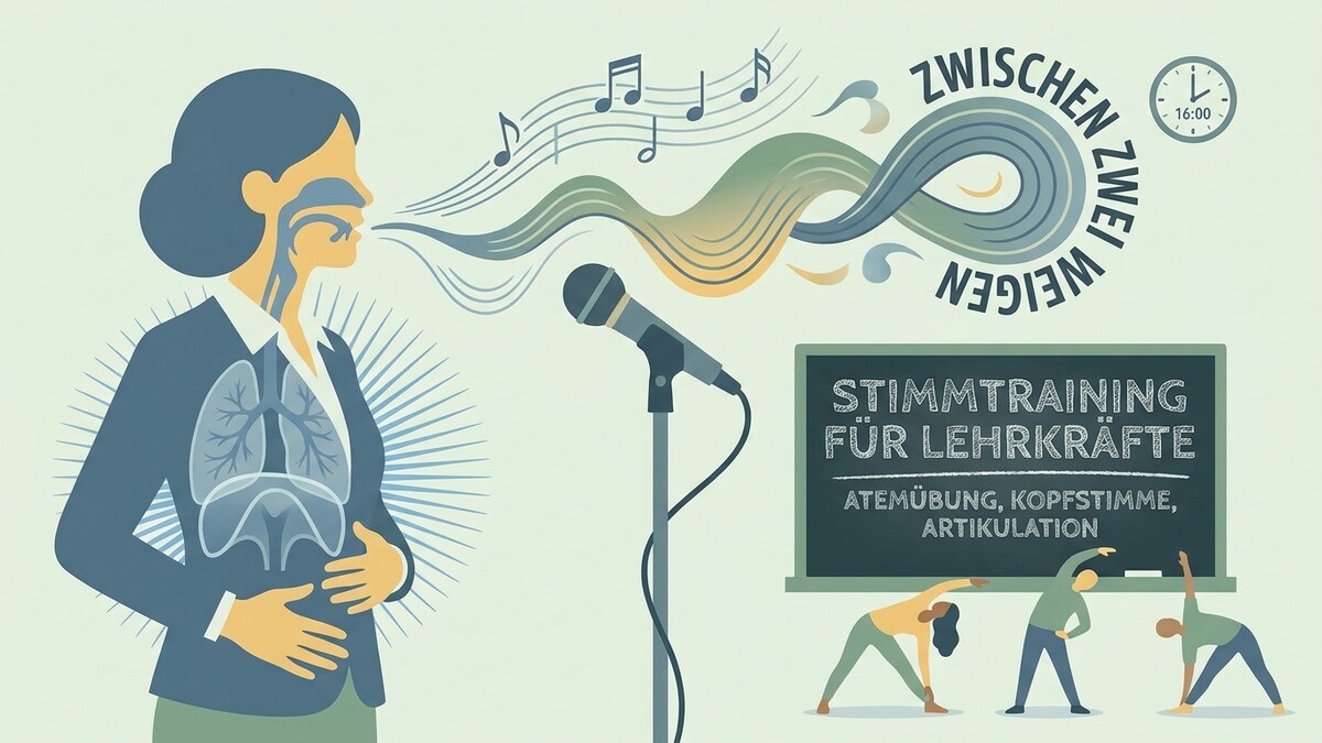 Stimmtraining für Lehrkräfte mit Atemübungen, Kopfstimme und Artikulation, mit Darstellungen von Lunge und Kehlkopf