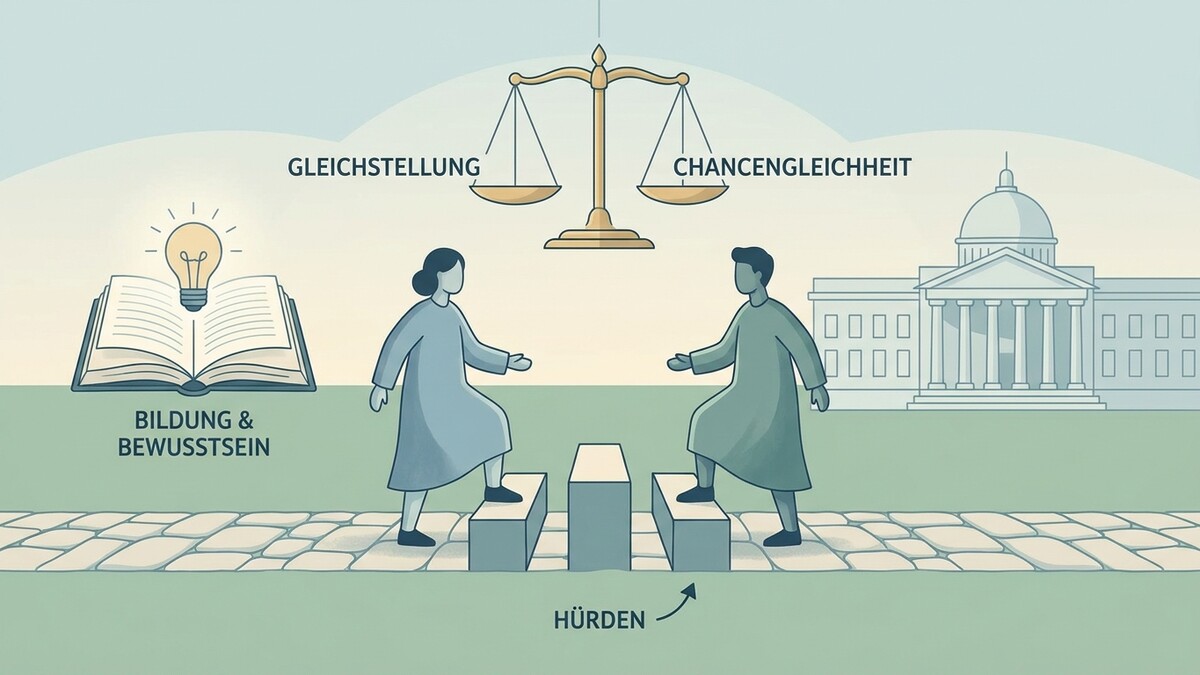 Gleichstellung und Chancengleichheit: Waage über zwei Personen, Buch und Gebäude
