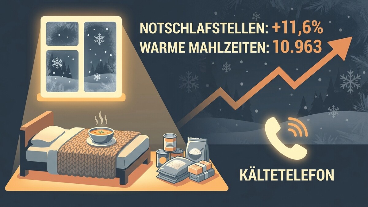 Kältetelefon: Notschlafstellen +11,6%, warme Mahlzeiten 10.963. Bett mit Suppe.