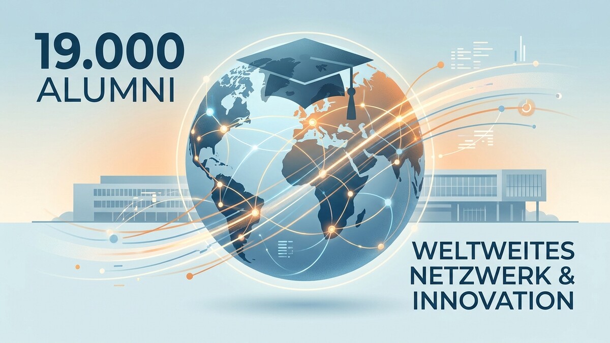 19.000 Alumni, Weltweites Netzwerk & Innovation, Erdkugel mit akademischem Hut