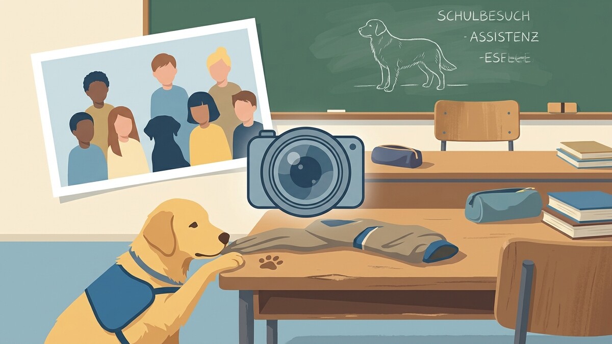Schulbesuch Assistenzhund mit Kindern und Kamera vor Tafel
