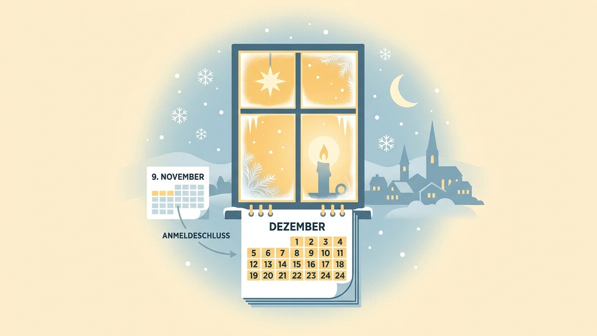 Adventkalender Dezember und November-Anmeldeschluss vor verschneiter Stadtkulisse