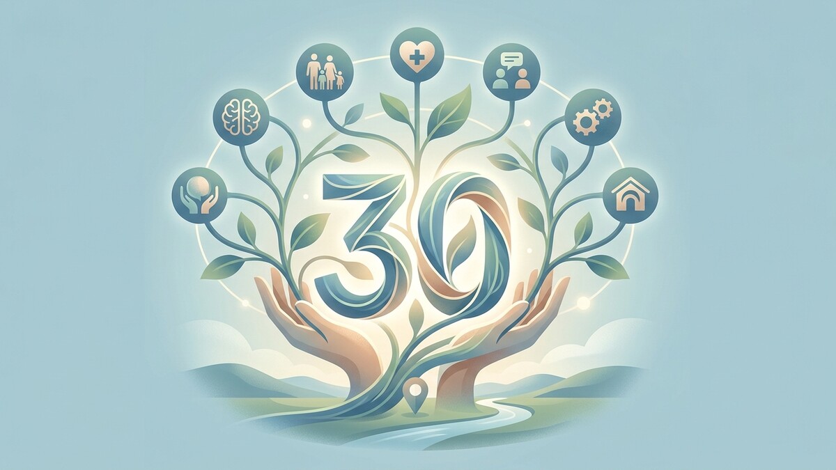 30 Jahre Wachstum: Hände halten Pflanzen mit Symbolen für Familie, Gesundheit, Kommunikation, Arbeit und Zuhause.