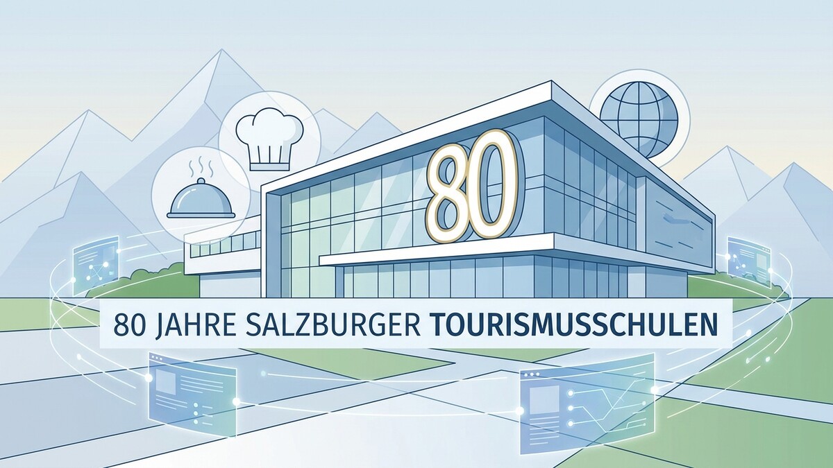 80 Jahre Salzburger Tourismusschulen mit Bergkulisse und Symbolen