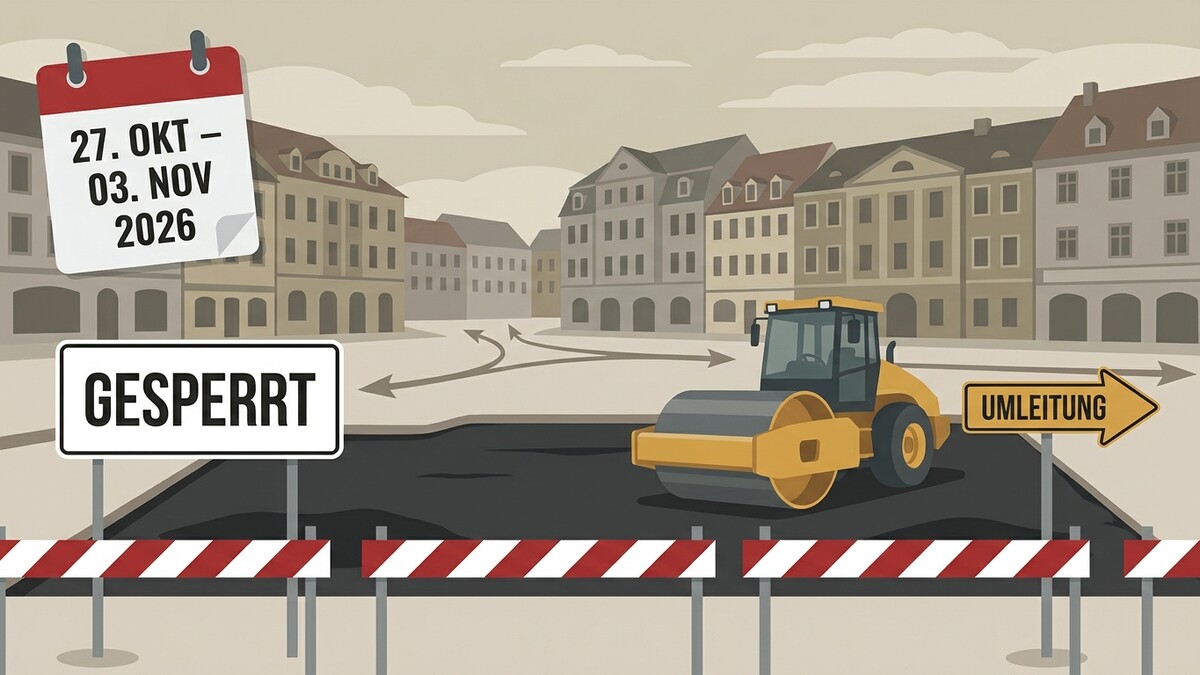 Straßenarbeiten in der Stadt mit Walze, Umleitungsschild und Kalenderblatt 27. Okt. – 03. Nov. 2026