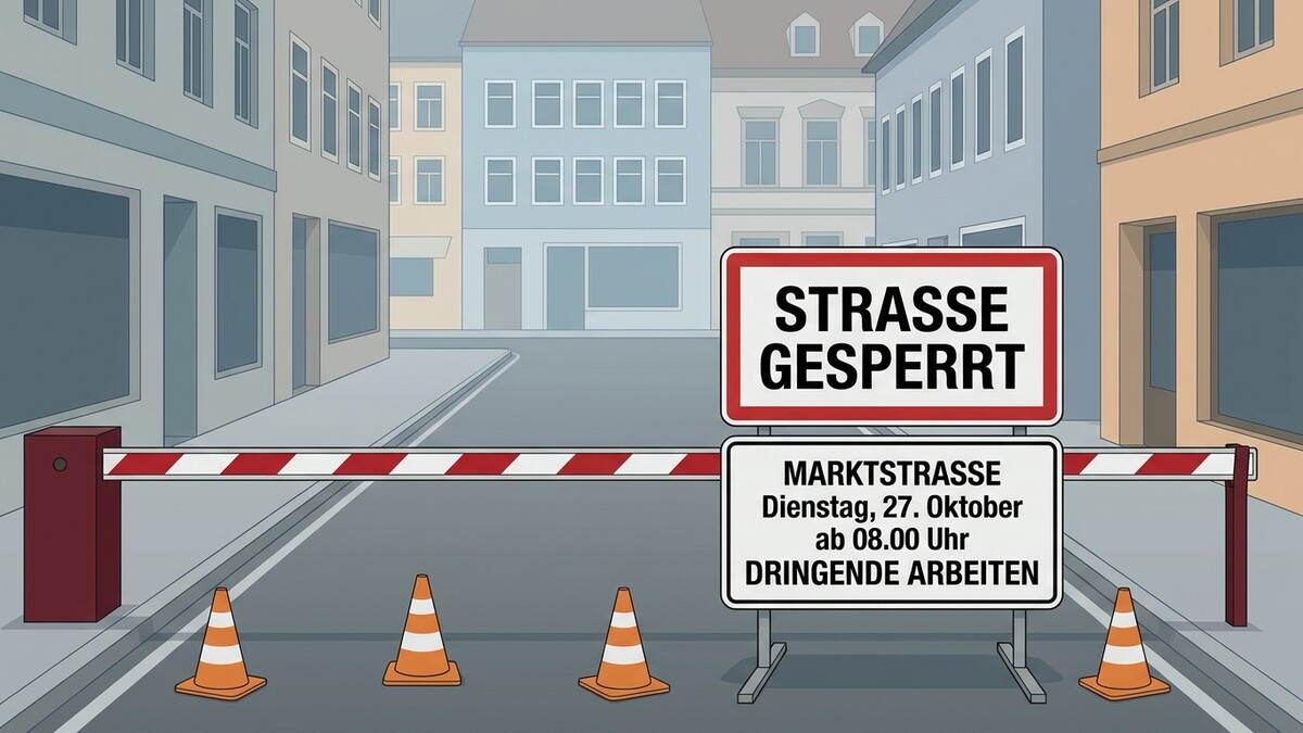 Straßensperre in der Marktstraße wegen dringender Arbeiten, mit Hinweisschildern und Verkehrskegeln
