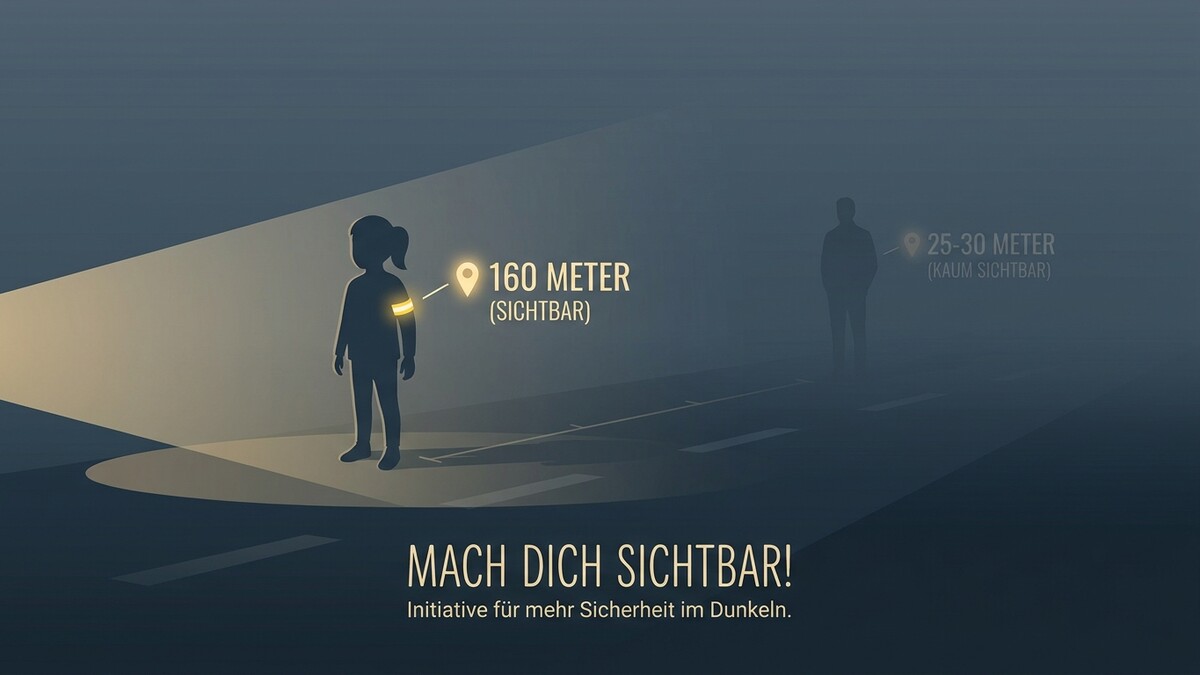Sichtbarkeit im Dunkeln: Kind mit Reflektorarmband 160m, Mann ohne 25-30m