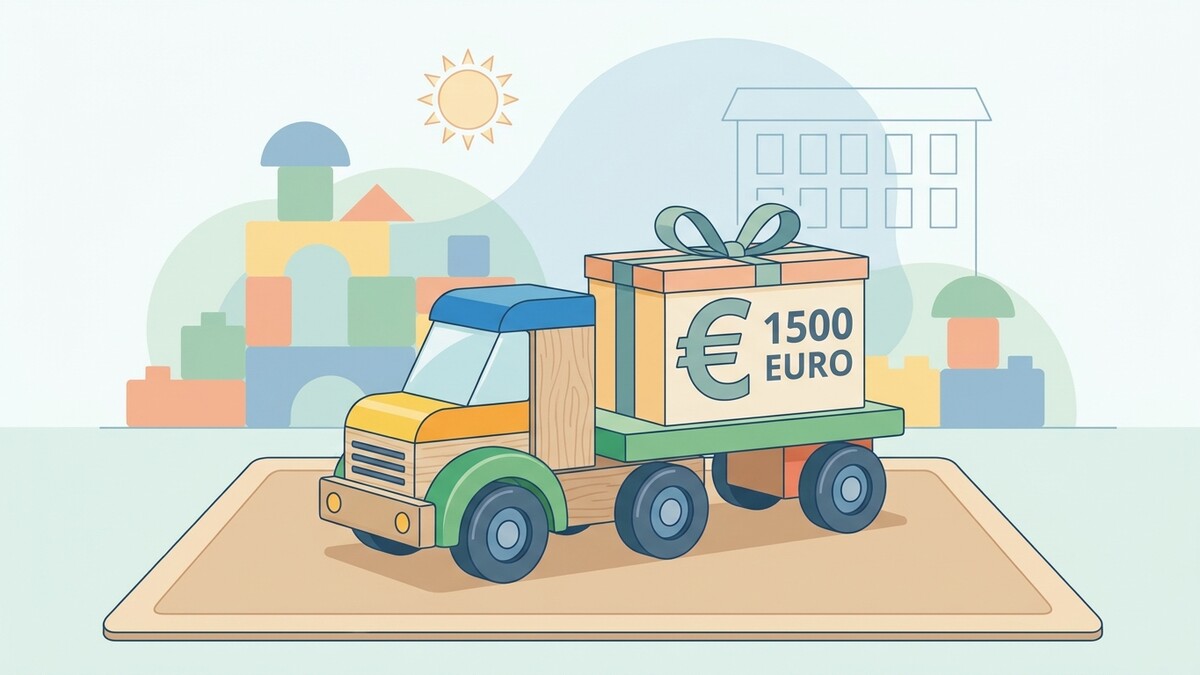 Holzspielzeug-LKW mit Geschenkbox 1500 Euro vor Spielzeugblöcken und Haus
