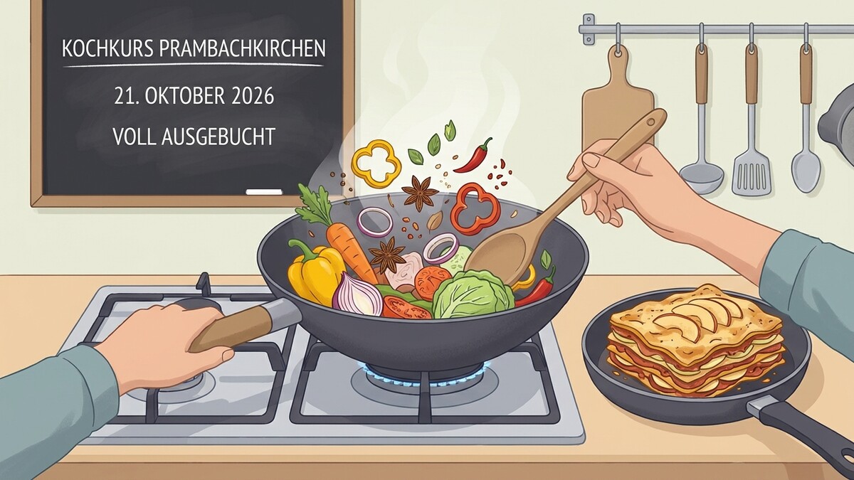 Kochkurs Prambachkirchen am 21. Oktober 2026, voll ausgebucht, mit Gemüse in Pfanne und Apfelkuchen