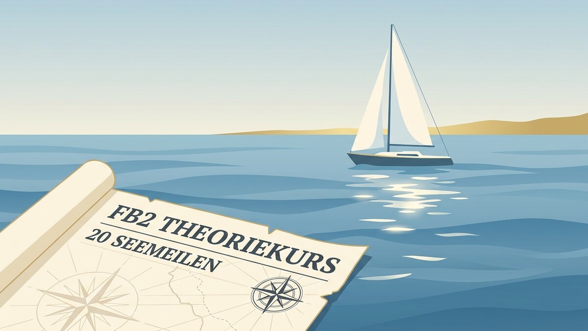 Segelboot auf dem Meer mit aufgerolltem Theoriekurs-Dokument und Kompass