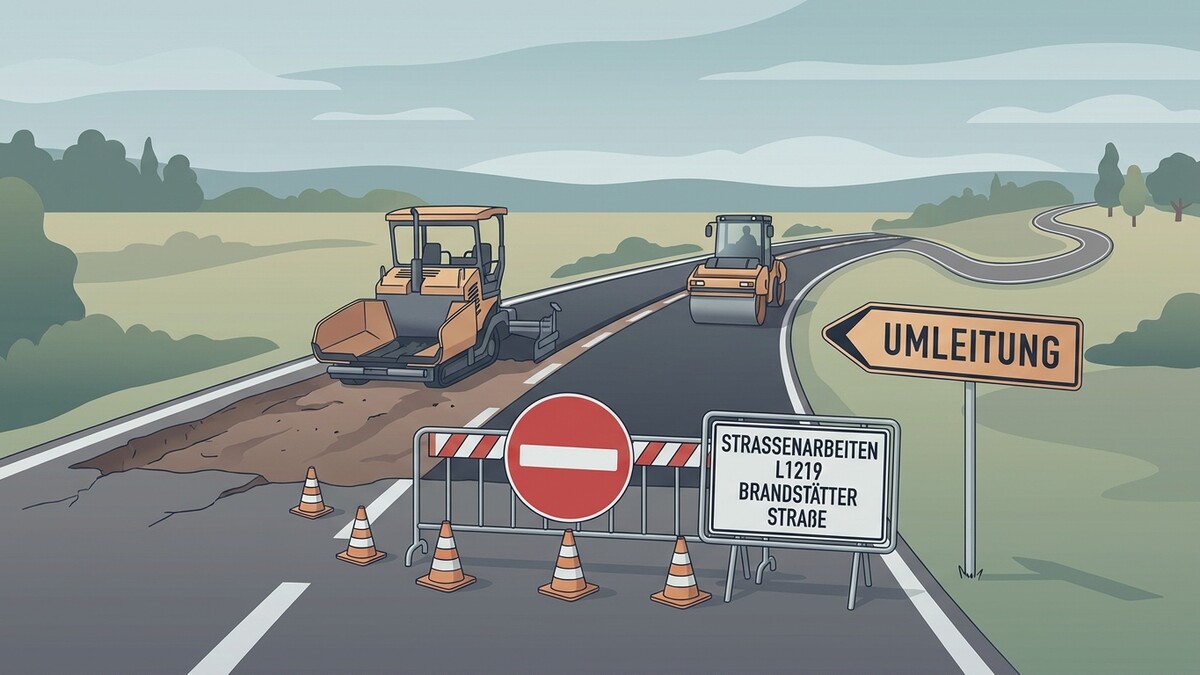Straßenarbeiten L1219 Brandstätter Straße: Walze und Asphaltfertiger auf Baustelle mit Umleitungsschild