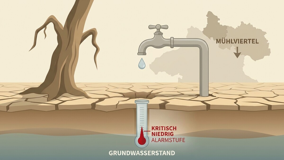 Trockenheit im Mühlviertel: verdorrter Baum, tropfender Wasserhahn, Messgerät zeigt kritisch niedrigen Grundwasserstand.