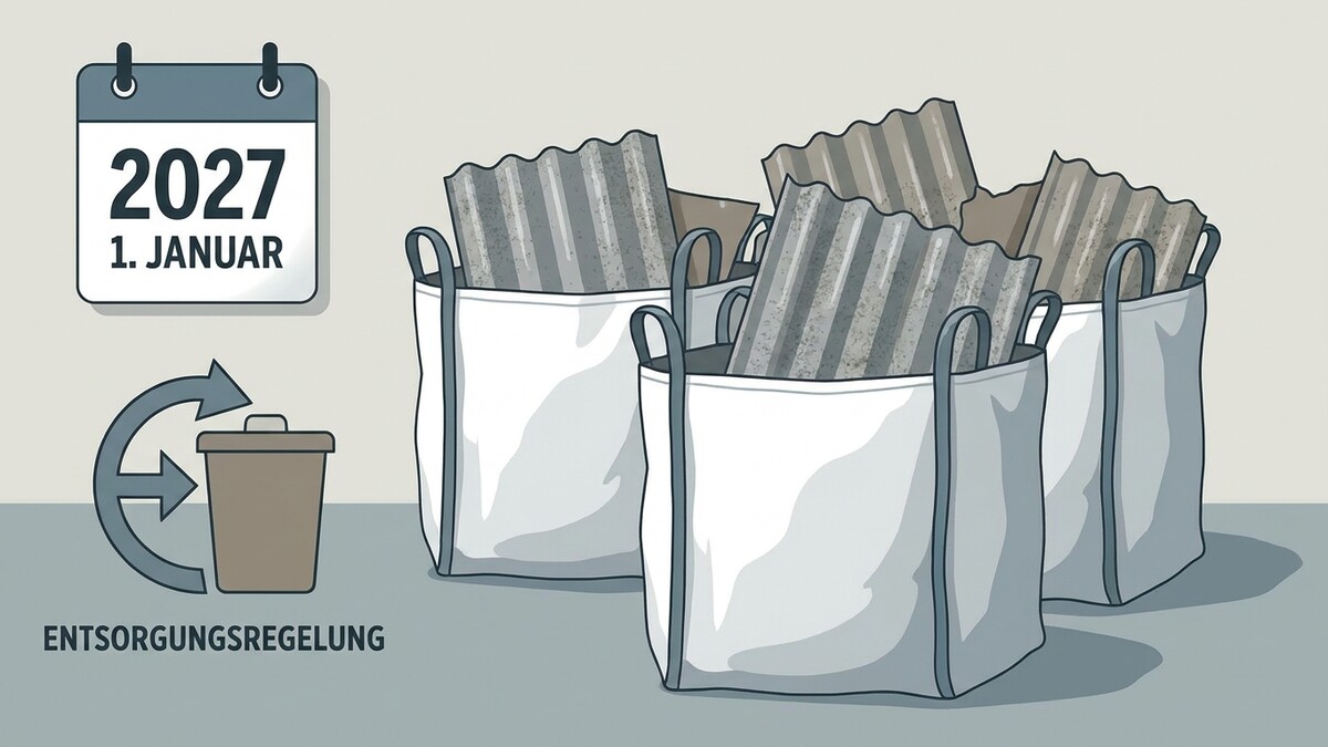 Entsorgungsregelung: Kalenderblatt 1. Jänner 2027 neben drei Big Bags mit Wellplatten