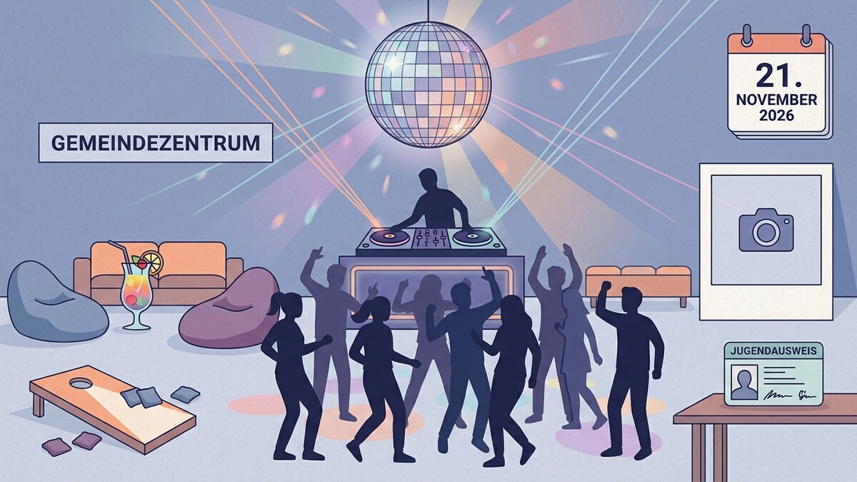 Gemeindezentrum mit tanzenden Silhouetten und DJ, Disco-Kugel, Sitzmöbeln, Cornhole-Spiel, Kalenderblatt 21. November 2026 und Jugendausweis.
