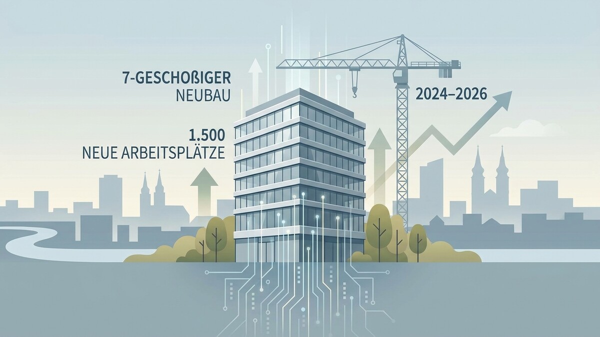 Neubau mit 7 Geschoßen und 1.500 neuen Arbeitsplätzen, Kran und Stadtkulisse