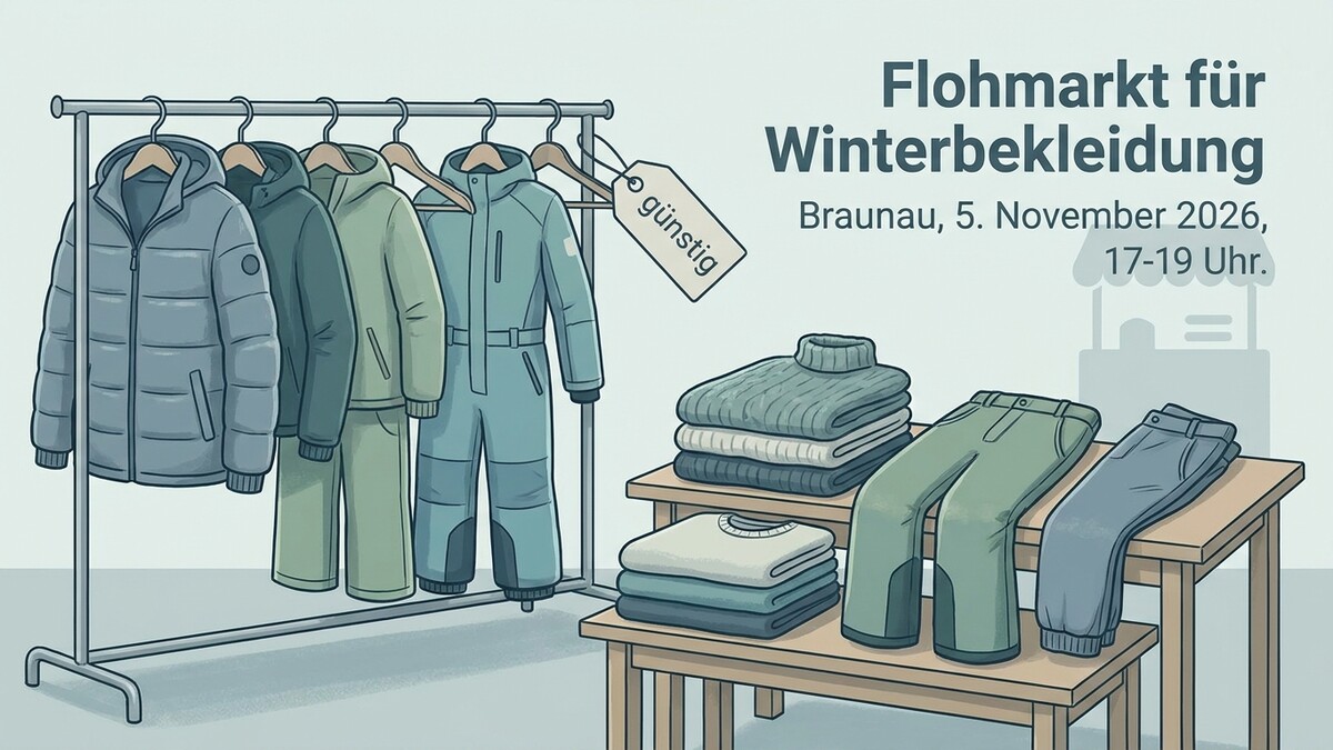 Flohmarkt für Winterbekleidung in Braunau am 5. November 2026 mit Kleidung auf Kleiderständer und Tischen.
