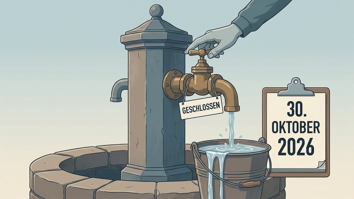 Wasserhahn mit Schild "Geschlossen" und Eimer, daneben Klemmbrett mit Datum 30. Oktober 2026
