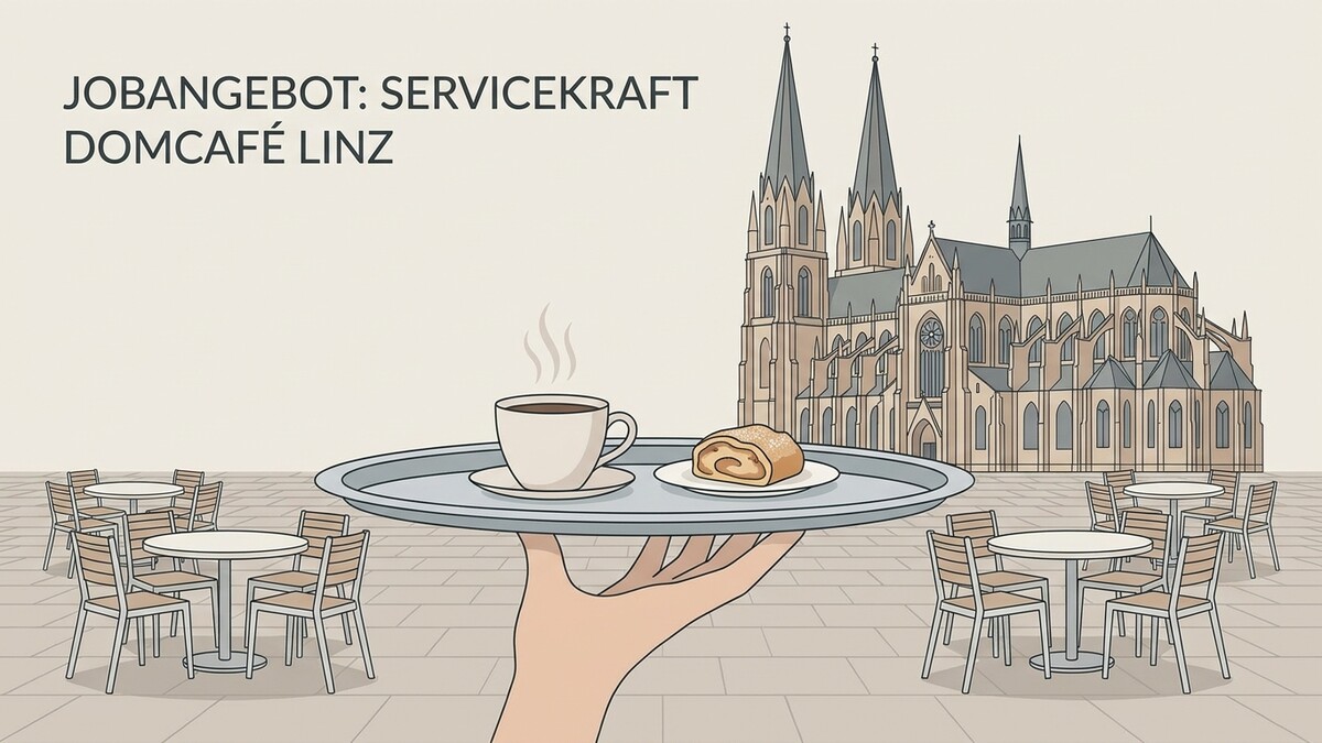 Domkirche Linz, serviertes Kaffeegetränk und Gebäck auf einem Tablett vor Café-Tischen