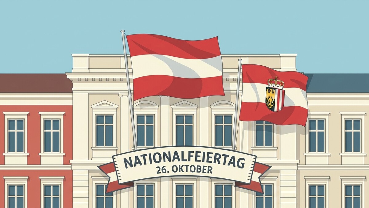 Nationalfeiertag 26. Oktober mit österreichischen Fahnen vor Gebäuden